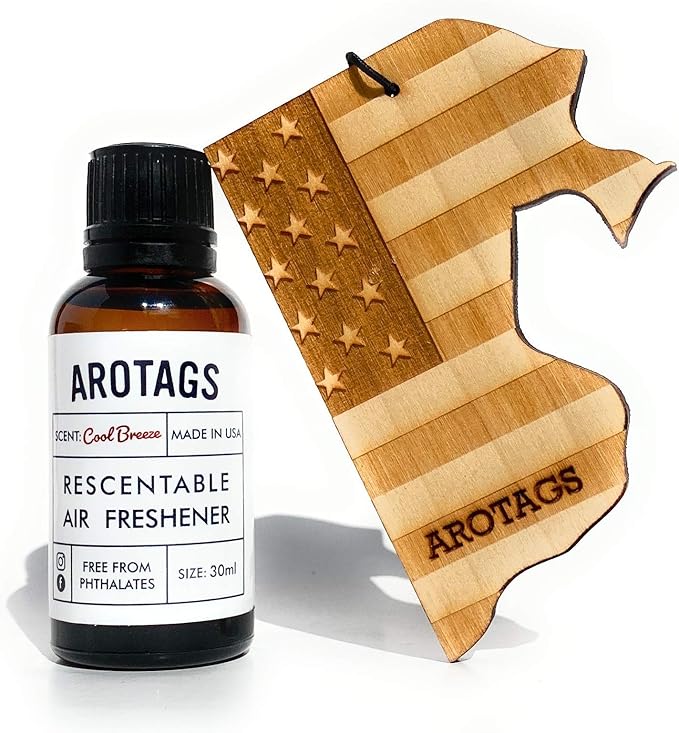 Arotags Car Air Freshener - Reusable Wood Diffuser - Hanging Odor Eliminator - Rhode Island Patriot - Cool Breeze Scent