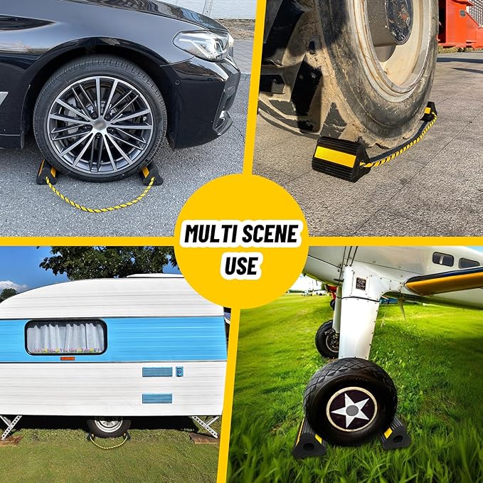 Wheel Chocks (2pair/4pack with Rope) for RV Trailer Camper Truck Car Aircraft, Versatile Heavy Duty Rubber Wheel Chocks Block with 3 Reflective Strips, Tire Wheel Immobilizers & Chocks