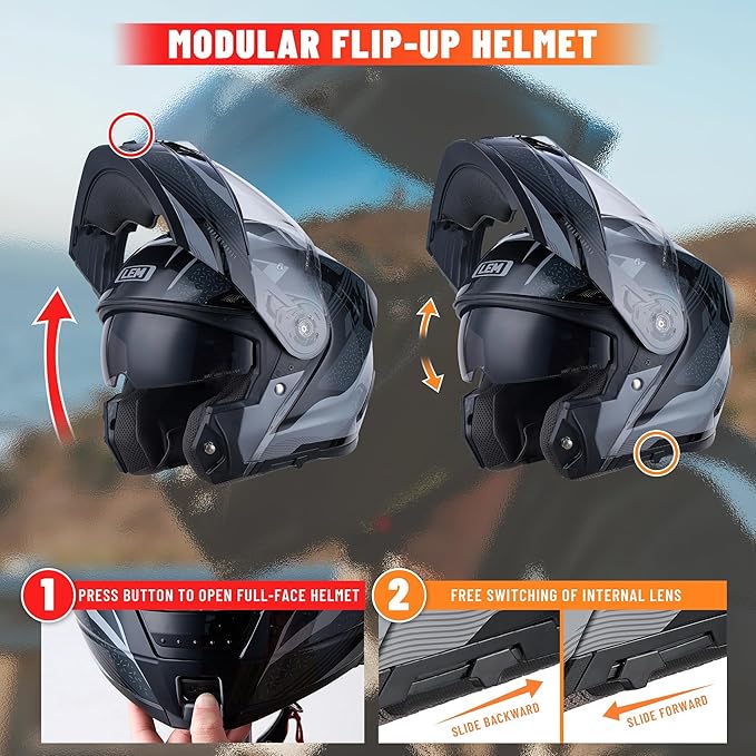 LEM Modular Motorcycle Helmets Fiberglass, Full Face Motorcycle Helmet Flip Up for Touring, DOT Certified, Release Sun Visor & Removable Comfort Liner, Lightweight Street Bike Helmet (Grey/Black,S)