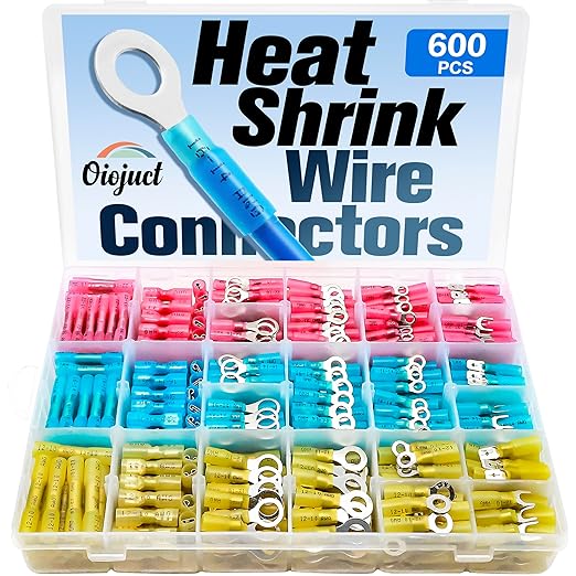 600Pcs Heat Shrink Wire Connectors Electrical Kit - Oiojuct Marine Automotive Crimp Terminals Assortment, Waterproof Ring Fork Spade Electrical Butt Connector