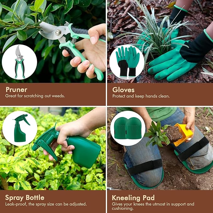YAUNGEL Gardening Tools - 10 Pcs Garden Tool Set Heavy Duty Stainless Steel Garden Supplies Hand Tools with Wooden Handle, Storage Tote Bag, Gardening Gifts for Women and Men