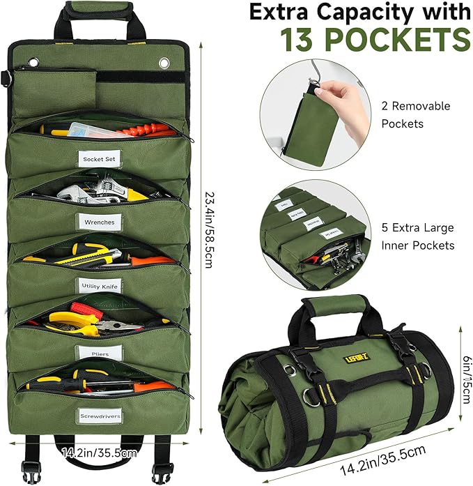 Tool Bag,Large Roll Up Tool Bag Organizer,13 Pockets Tool Roll Storage Pouch,Heavy Duty Portable Tool Storage Carrier Bag for Men,Mechanic,Electrician & Hobbyist,Green