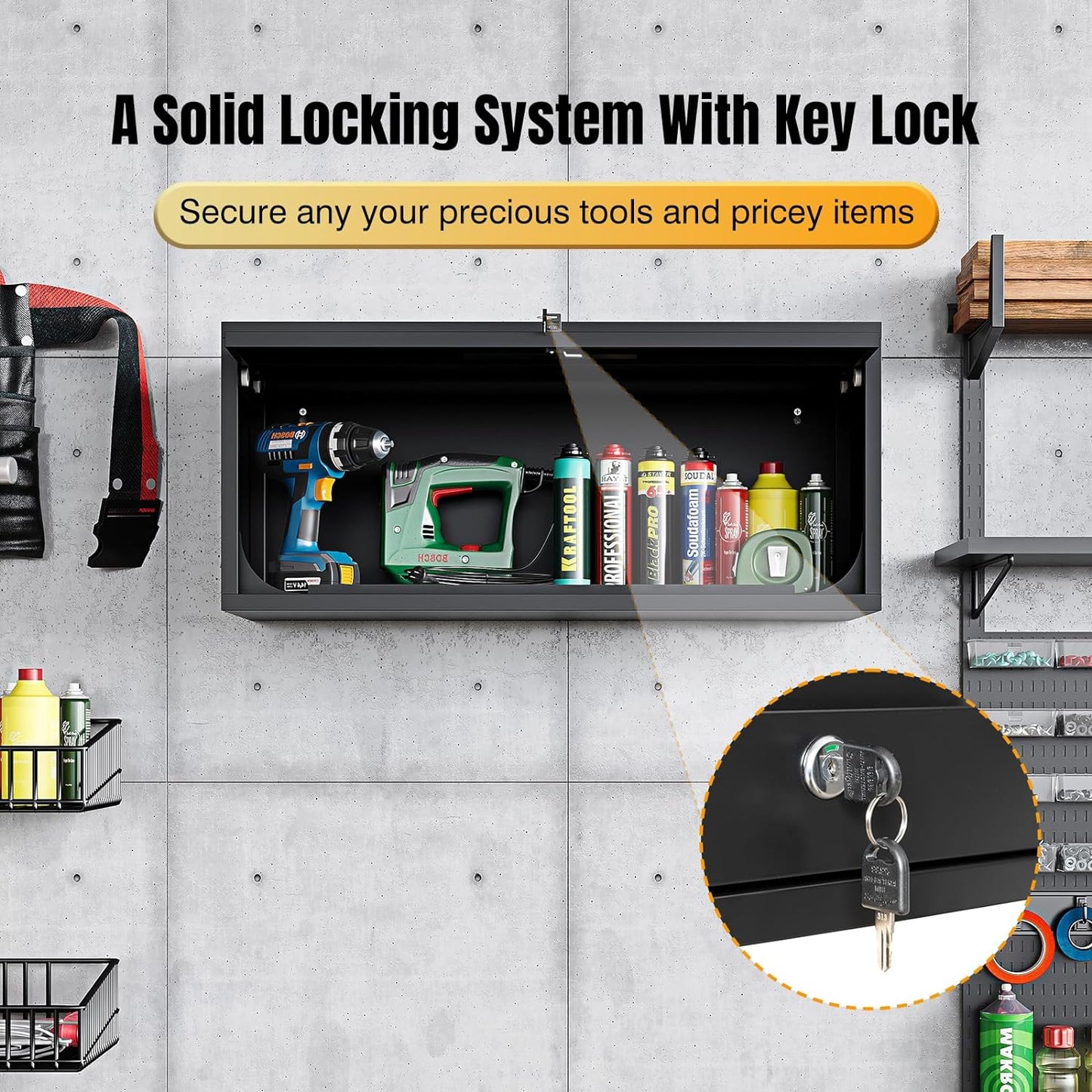Small Wall-Mounted Locking Cabinet Metal Garage Storage Cabinet Hanging Medicine Lockable Steel Utility Floating Tool 14" H Assembly Required Black