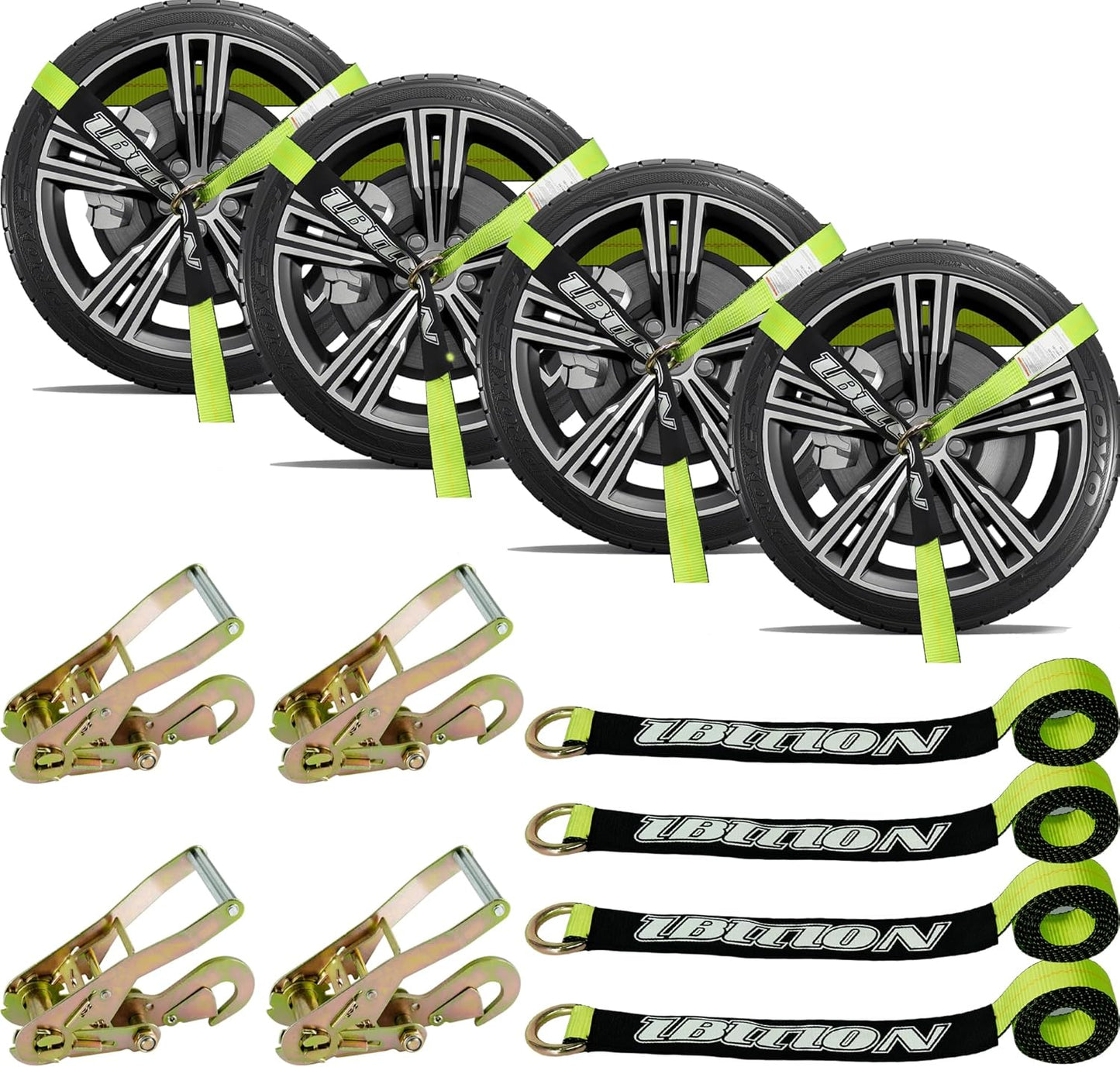 4 Pack Car Tie Down Straps for Trailers - 2" x 96" - 3,300 lbs Safe Working Load -Adjustable Wheel Straps for Hauling Cars.Green