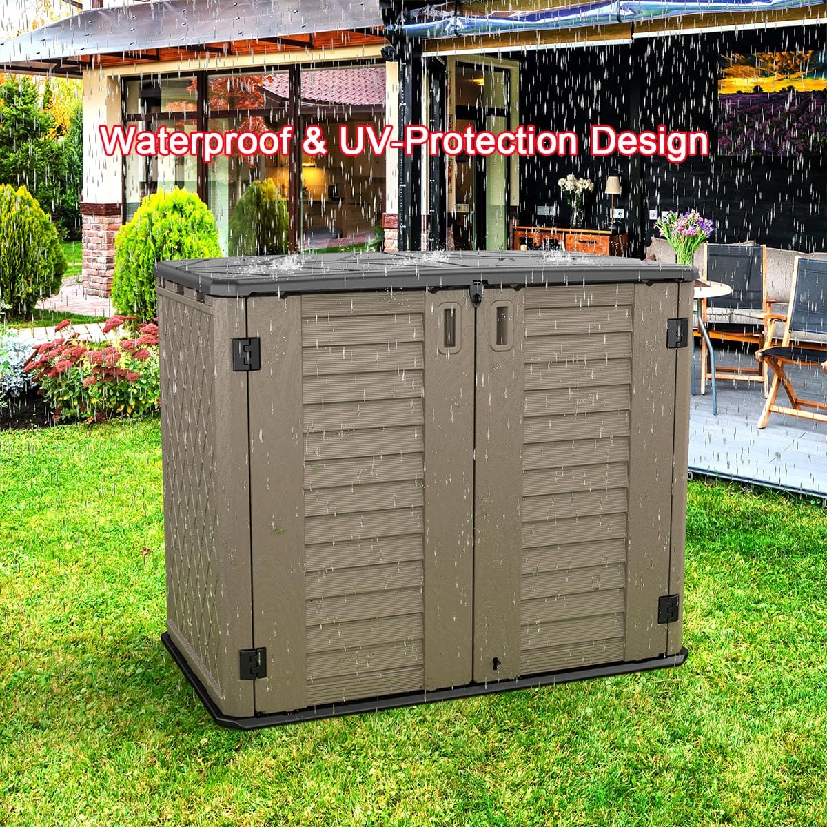 KINYING Outdoor Storage Shed - Horizontal Storage Cabinet Waterproof for Garden, Patio, Backyard, Storage Box for Easy Storage of Garbage Cans, Tools, Lawn Mower, 35 Cubic Feet,Dark Brown