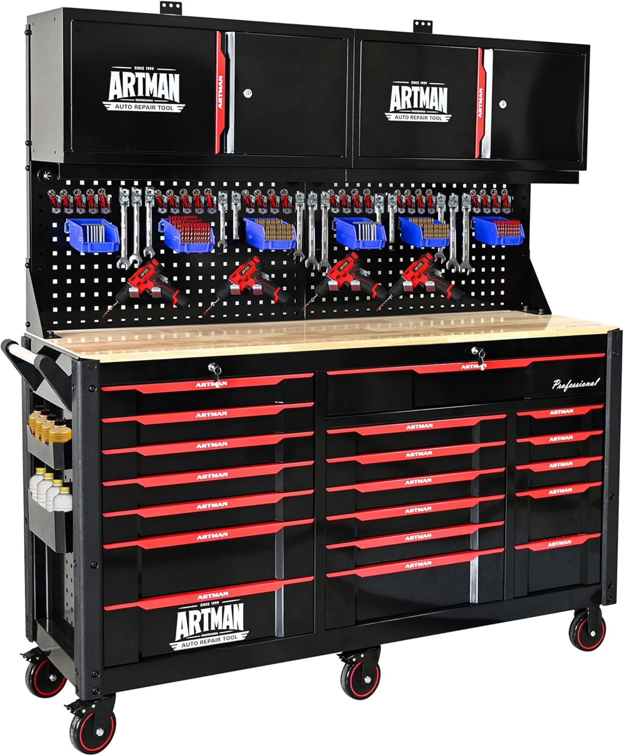 72-Inch Garage Cabinets and Storage System with 19 Drawers Rolling Tool Chest Large Mobile Workbench Heavy Duty Wood Top Tool Cart on Wheels for Garage, Workshop, Warehouse, Laboratory