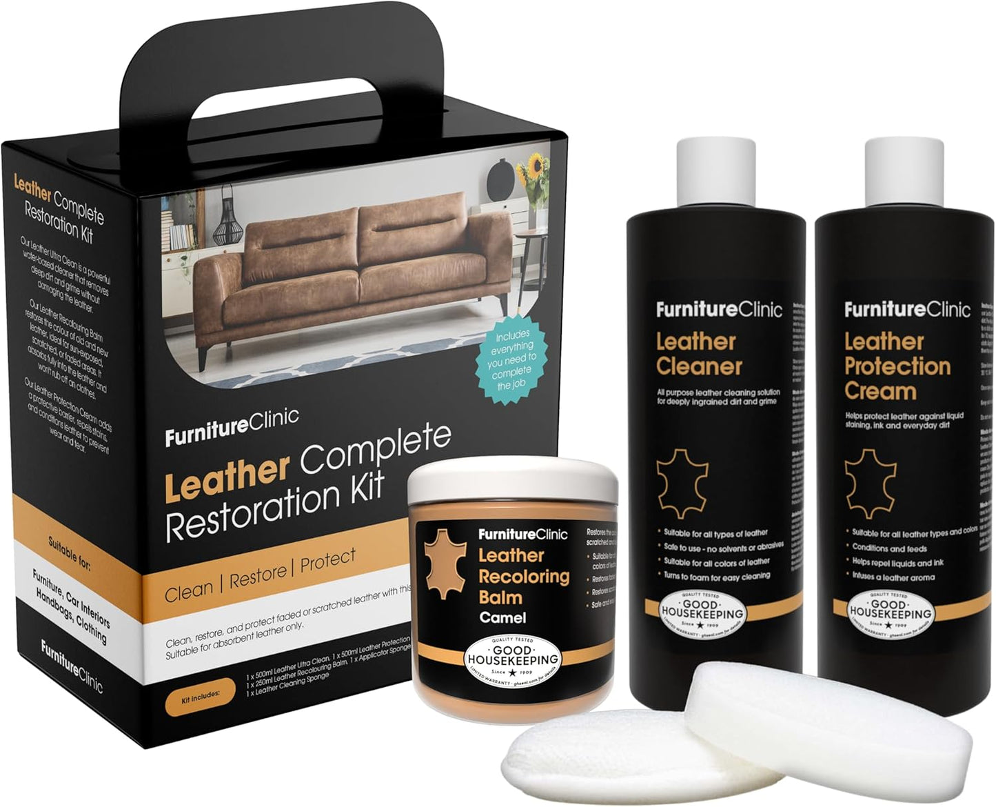 Furniture Clinic Leather Complete Restoration Kit | with Leather Recoloring Balm, Cleaner, 2-in-1 Protection Cream & Conditioner, Sponge, and Cloth | Repair Kit for Furniture (Camel)
