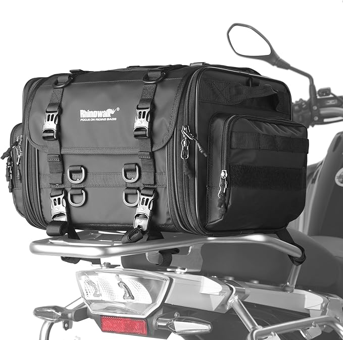 Rhinowalk Motorcycle Tail Bag Waterproof Saddle Bag 33L to 45L Expandable Durable Motorbike Helmet Bag with Rain Cover & Straps, Touring Luggage for Powersports Travel (45L, Black)