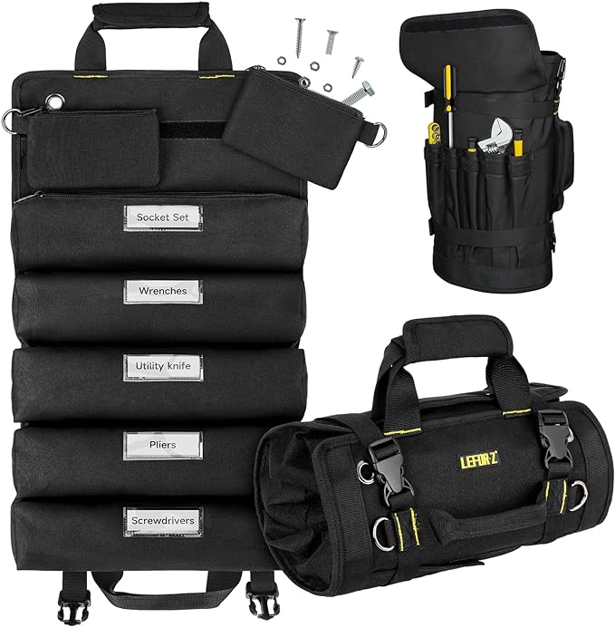 Tool Bag,Large Roll Up Tool Bag Organizer,13 Pockets Tool Roll Storage Pouch,Heavy Duty Portable Tool Storage Carrier Bag for Men,Mechanic,Electrician & Hobbyist,Black