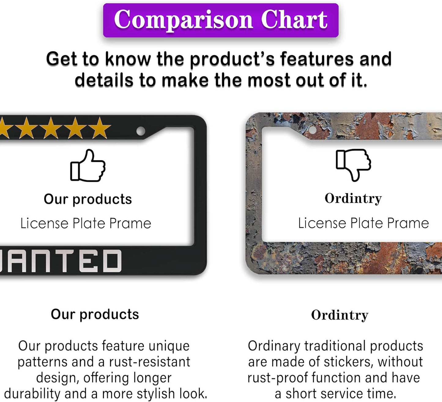 License Plate Protector Black, White, Yellow License Plate Frames Wanted Universal Aluminum Car Accessory 2 Pack with Screw Covers Set