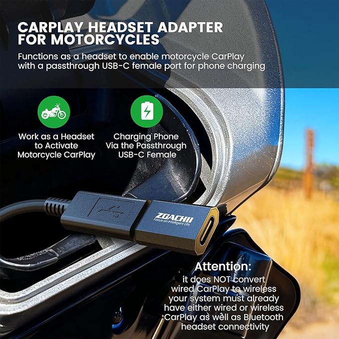ZOACHl USB-C Motorcycle CarPlay Bluetooth 5.4 Headset Adapter with Passthrough Charging Port
