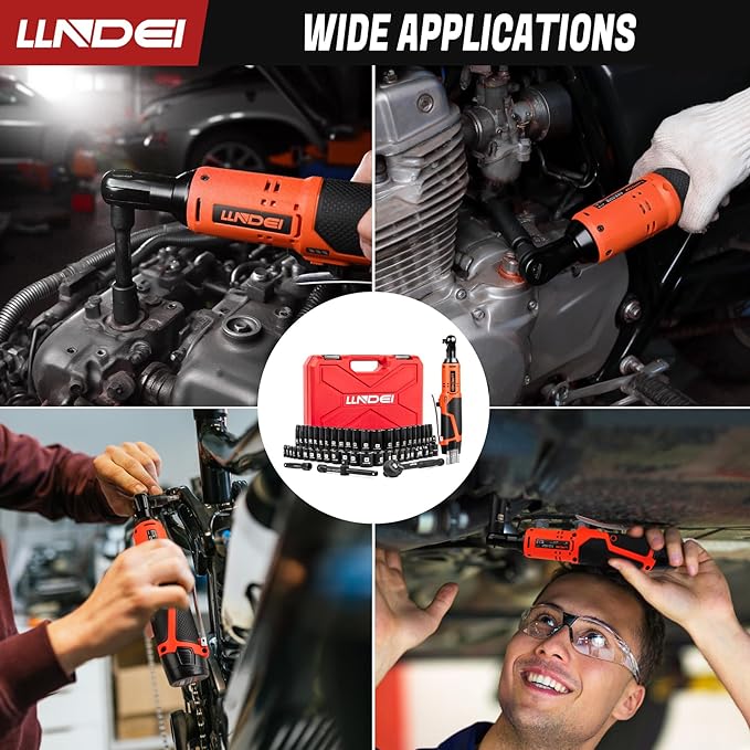 LLNDEI 3/8" 58Pcs Cordless Electric Ratchet Wrench Set with Socket Set,12V High Capacity Electric Wrench(40FT-LBS(55N.M)) with Adjustable Speed, LED Light for Battery.