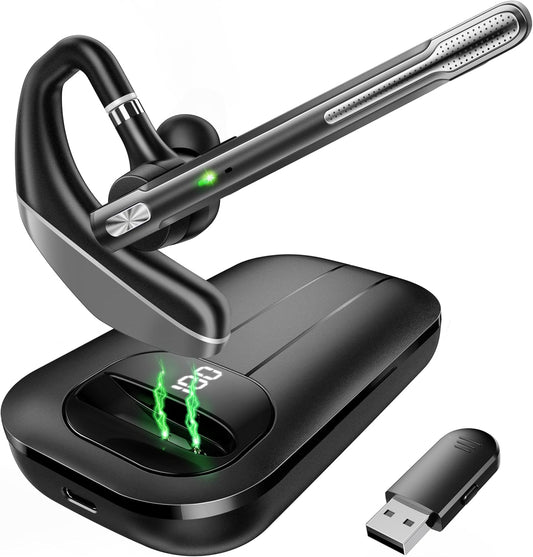 Bluetooth Headset V5.3, 96H Talktime, Wireless Earpiece with 1000mAh Charging Case, Bluetooth Headphones with Dual-Mic for Computer Cell Phones Trucker Home Office Work (Gray)