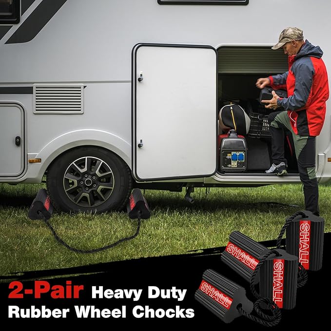 SHALL Wheel Chocks, Heavy Duty Rubber Wheel Chocks with 3 Reflective Strips, Solid Block Stopper for RV Trailer Camper Truck Car Aircraft, 2 Pair/4 Pack with Rope, Red