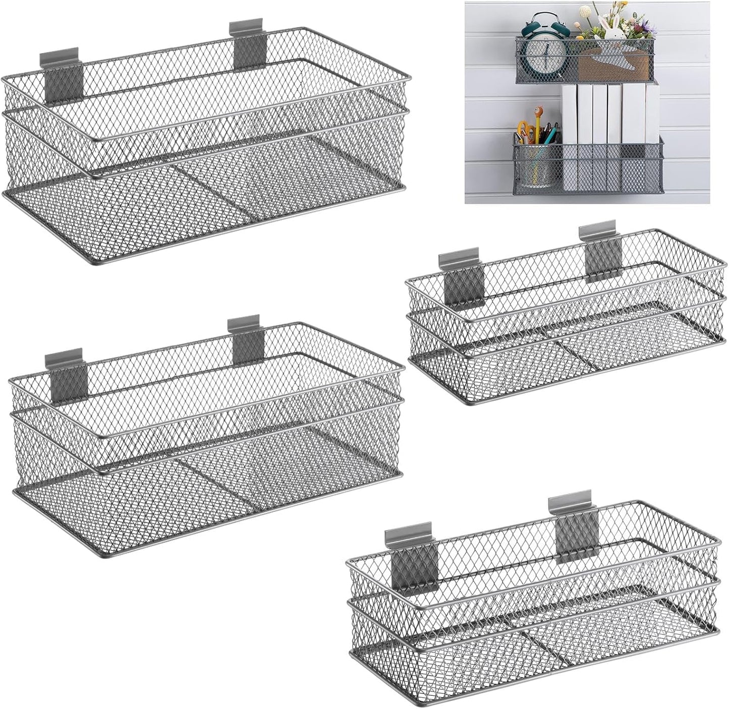 Barydat 4 Pcs Slatwall Basket Set Ventilated Metal Slatwall Basket Hanging Wire Bins Wall Mounted Accessories for Panel Garage Storage Display Organizing(Multi Size,Gray)