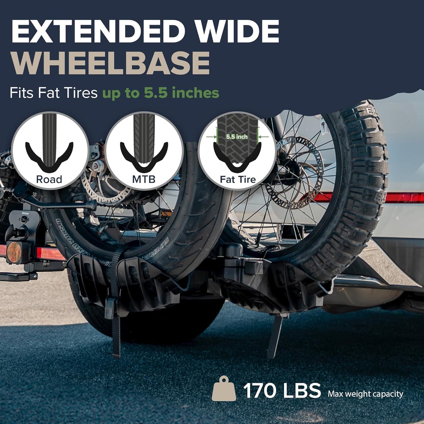 Arksen Electric Bike Rack Hitch, Foldable Quick Release Smart Tilting 2 Ebike Rack Platform Style Carrier w/Car Lock for Up to 5.5" Fat Tires for Car, SUV, Trucks - 170 lbs Heavy Weight Capacity