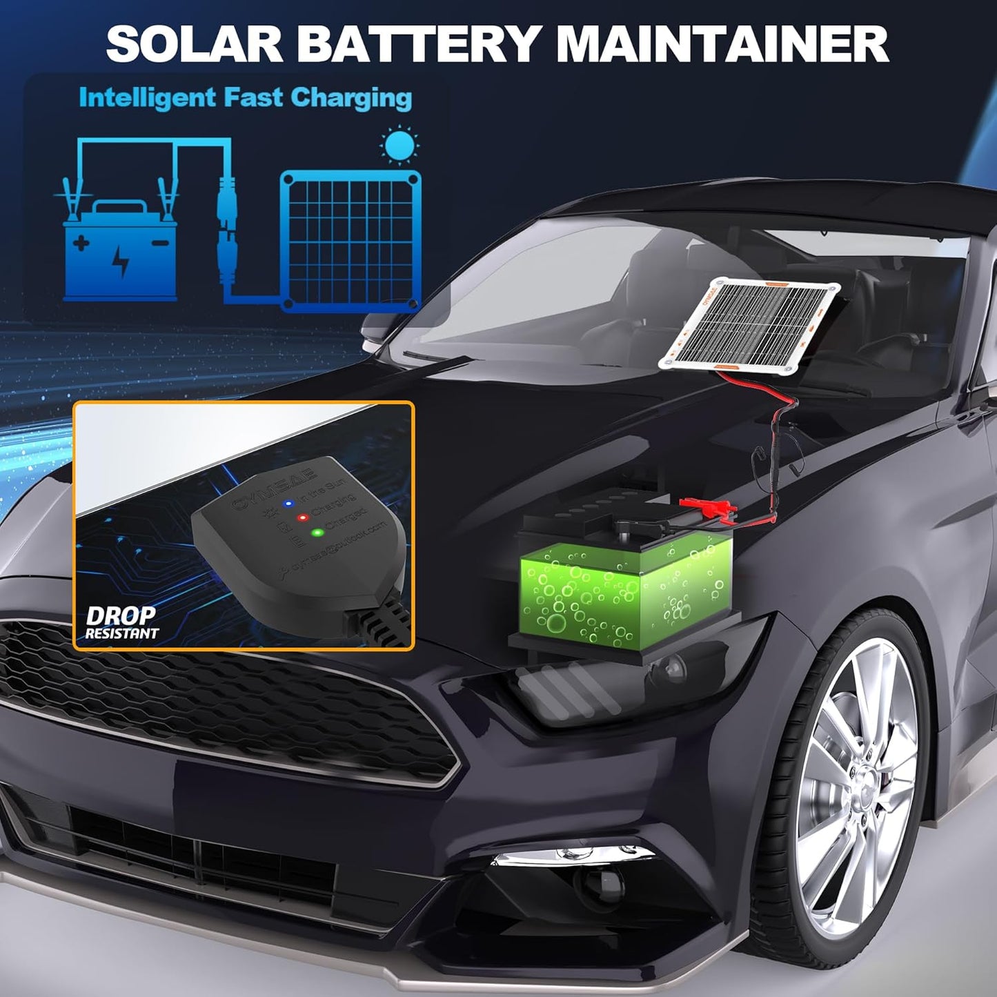 OYMSAE 5W 12V Solar Car Battery Charger Portable Waterproof Solar Power Battery Charger & maintainer with Trickle Cigarette Lighter Plug & Alligator Clip