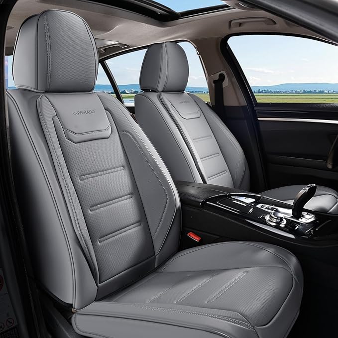 Coverado Car Seat Covers Full Set, Seat Covers for Cars, Car Seat Cover, Car Seat Protector Waterproof, Leather Car Seat Cushion, Universal Car Interior Covers Seat Protectors for Most Cars Gray