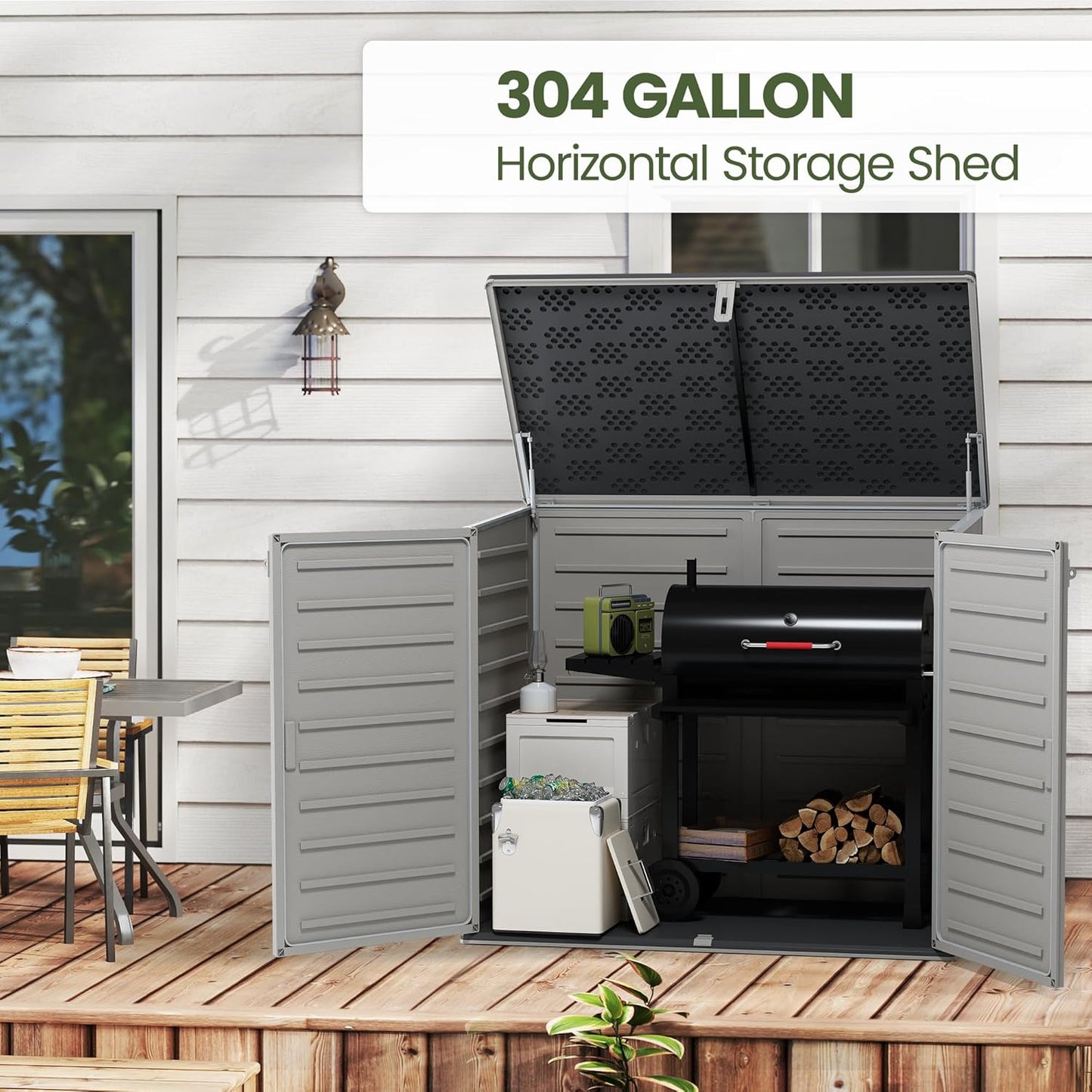 Outdoor Trash Can Storage Shed 4.6 x 4.1 FT, 304 Gallon Resin Shed with Lockable Doors & Lift Lid, Waterproof Outdoor Storage for Garden Tools, Cushions & Patio Equipment