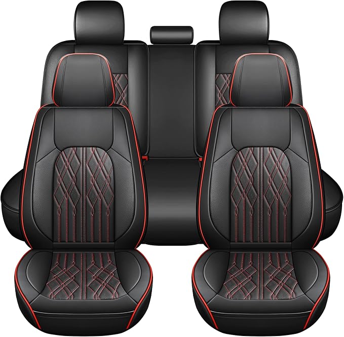 Huidasource Car Seat Covers Full Set, Leather Vehicle Cushion Covers, Universal Fit for Most Car Sedan SUV Pickup Truck, Fit for Acura Honda City Nissan Altima Mazda Hyundai (Full Set/Black&Red)