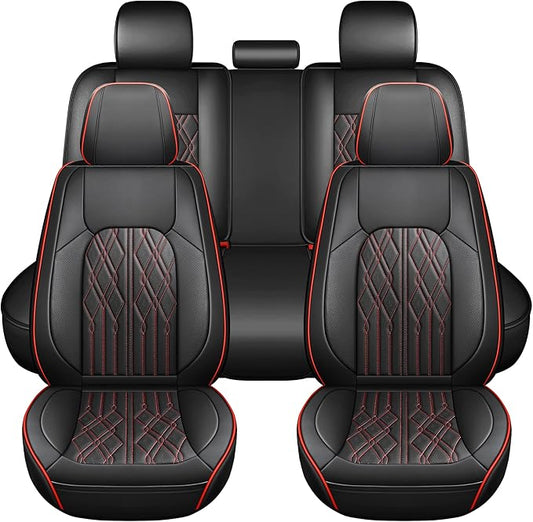 Huidasource Car Seat Covers Full Set, Leather Vehicle Cushion Covers, Universal Fit for Most Car Sedan SUV Pickup Truck, Fit for Acura Honda City Nissan Altima Mazda Hyundai (Full Set/Black&Red)