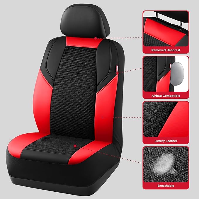 Rubbermaid Car Seat Cover, Leather & Air-Cool Mesh Front Seat Cover, Airbag Compatible, Slip-On Installation, Automotive Seat Cover Universal Fit for Most Cars, Trucks, SUVs-Red