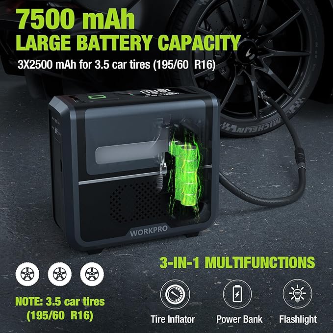 WORKPRO Portable Tire Inflator, 7.2V/12V Small/Mid/Large Air Compressor, Digital Display, Auto Shut-Off, 5 Modes, LED Light, High Airflow, for Car, Motorcycle, Bike, Balls