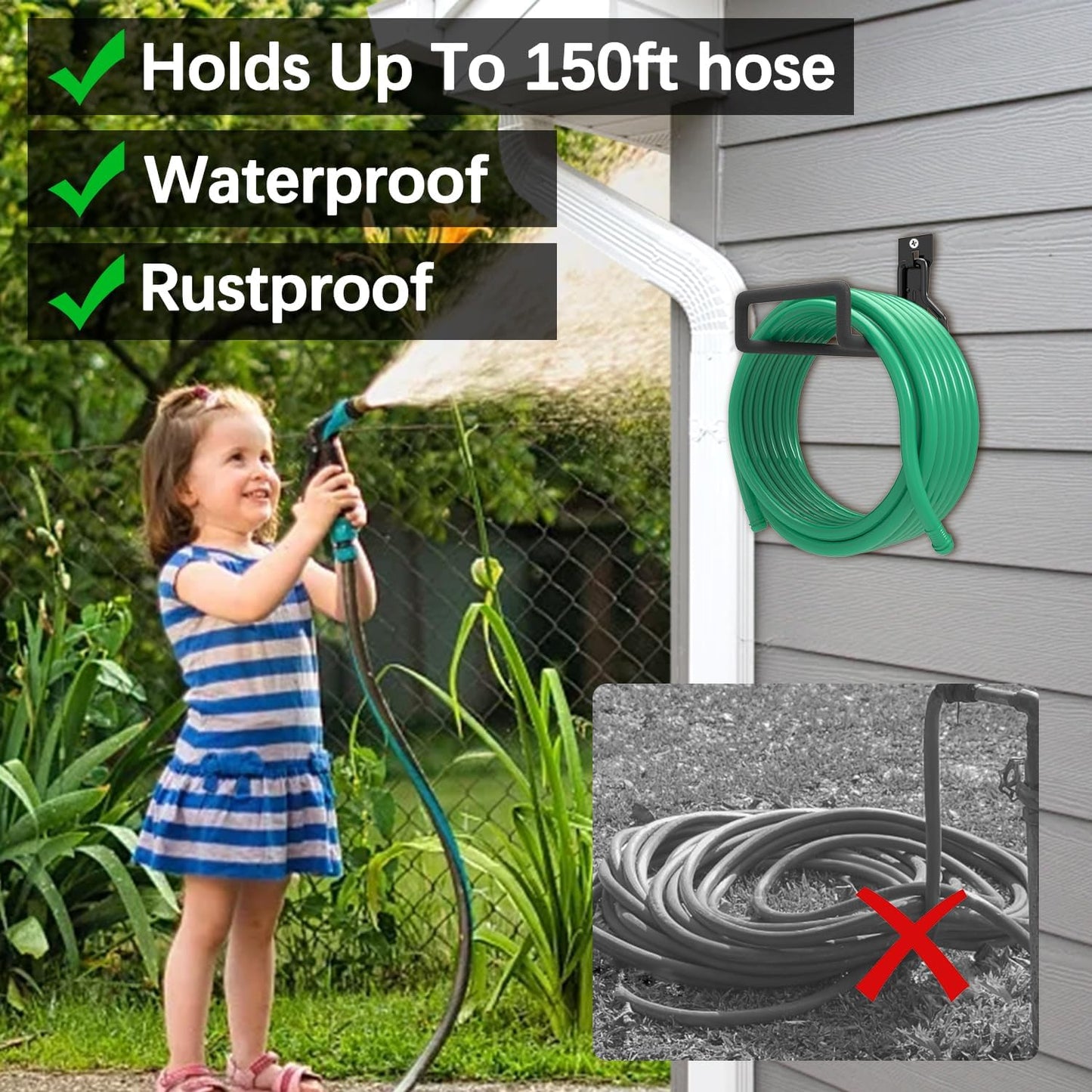 3-H Solid Steel Garden Hose Holder - 4 Pack Wall Mount Hanger with Extension Strap for Outdoor Air Hose, Ropes, Pipes & More