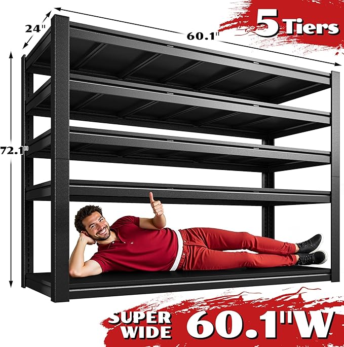 3125LBS Storage Shelves, 60.1"W Garage Shelving Heavy Duty, Adjustable Metal Shelving Unit, Storage Rack for Garage, Basement, Warehouse with Tool-Free Installation, 60.1"W x 24"D x 72.1"H