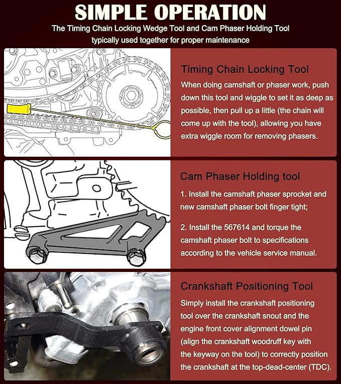 Camshaft Tool Complete Combo Set Fits for Ford 4.6L, 5.4L & 6.8L 3V Engines, Including Cam Phaser Holder Locking Tool, Timing Chain Locking Wedge Tool and Crankshaft Positioning Wrench Holder