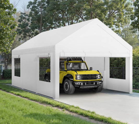 Walsunny Carport 10x20ft Heavy Duty Carport Canopy with Roll-up Ventilated Windows, Portable Garage with Removable Sidewalls, Car Canopy with All-Season Tarp for Car, SUV, Truck, Boat