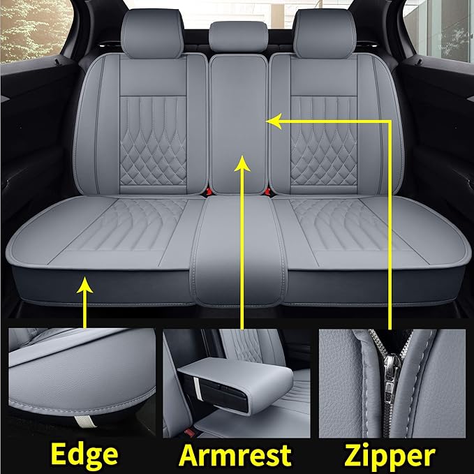 Aierxuan Rear Car Seat Covers with Waterproof Leather, Automotive Vehicle Cushion Cover Universal Fit for Most Cars (Black-Grey, Rear seat Cover)