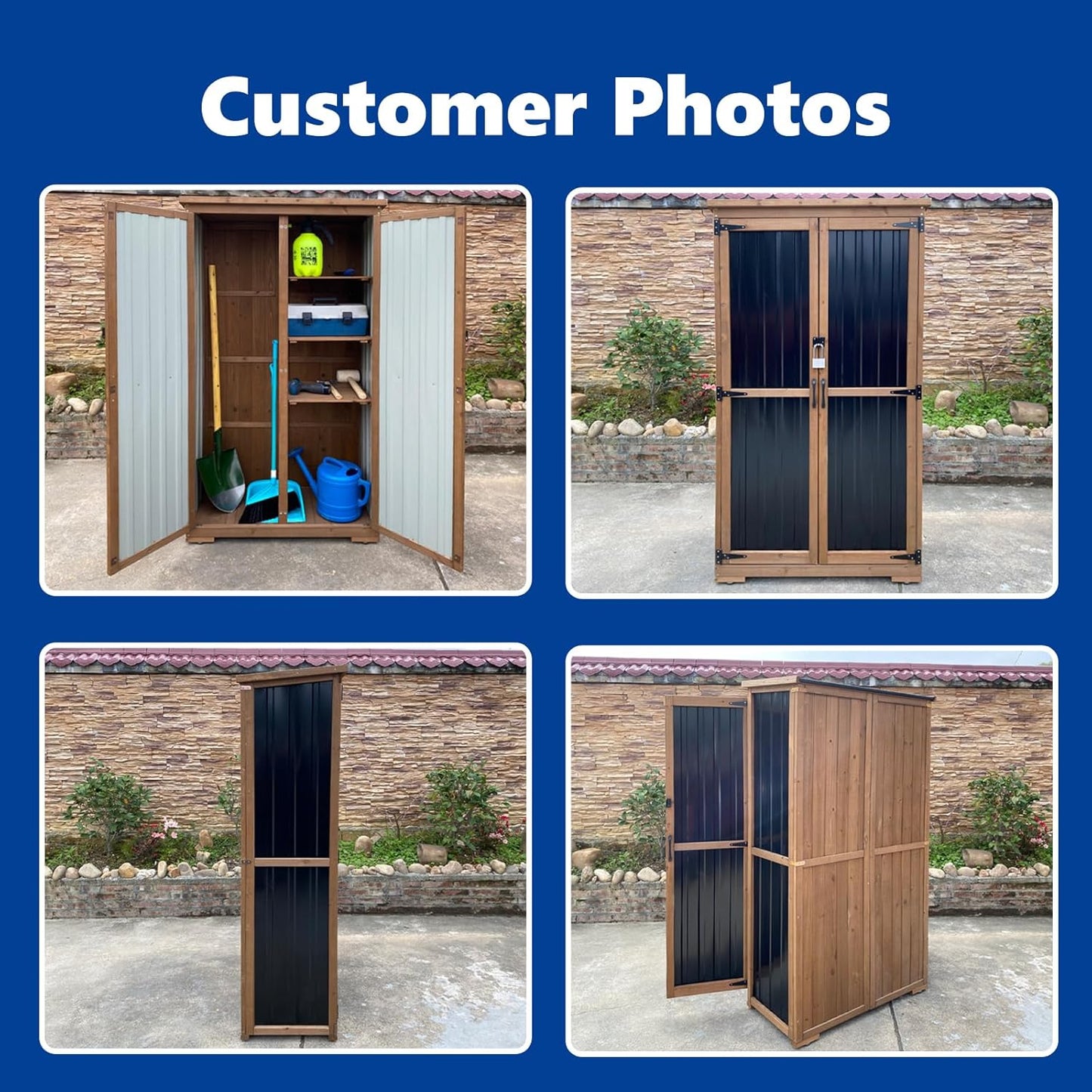 Outdoor Storage Cabinet Wood & Metal with Waterproof Roof, Garden Tool Shed with 3 Removable Shelves, 4 adjustable reinforced feet with metal brackets, 6 T-Hinge, magnetic door,15.6"D x 32.3"W x 66"H