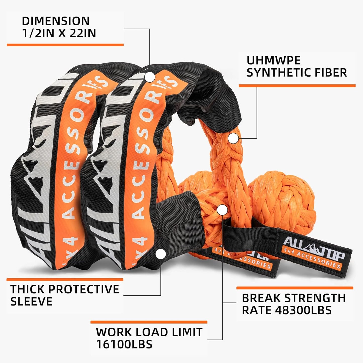 ALL-TOP Kinetic Recovery Rope Kit w/ 2 Soft Shackles, 48000Lbs, 1in x 30ft, Heavy Duty 30+% Elasticity, 16000Lbs Work Load Limit