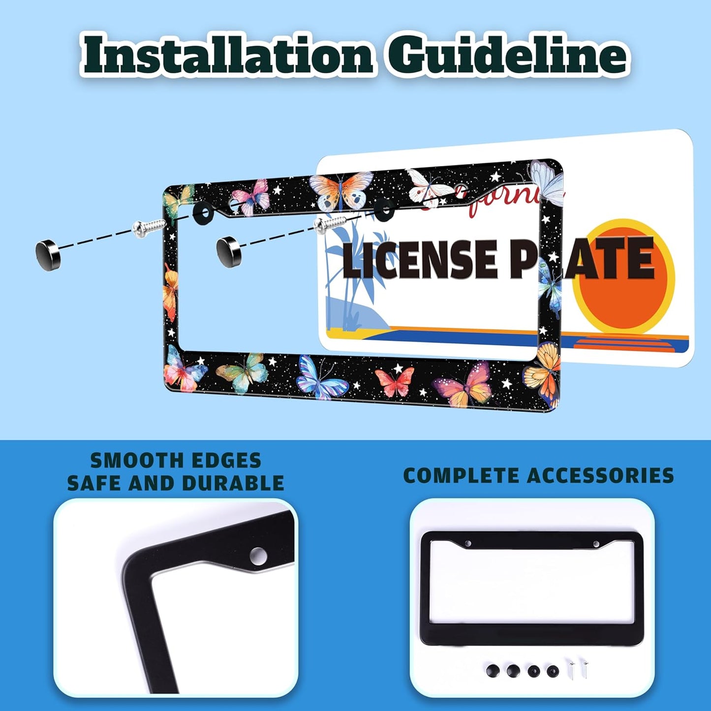 Beautiful Colorful Butterfly License Plate Frame Funny Watercolor License Plate Holder for Front or Rear Car Tags Stainless Steel Car Decoration with Screws 6.3 X 12.2 in