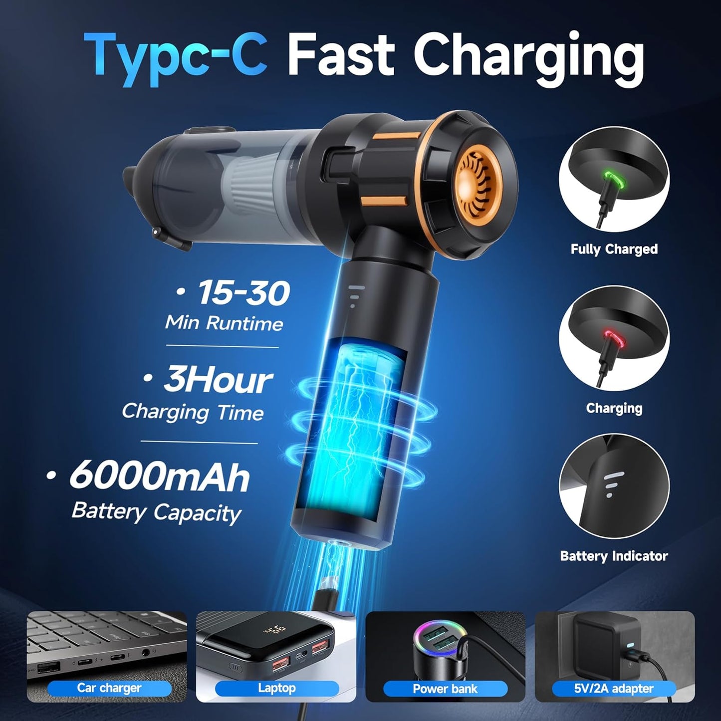 Portable Cordless Mini Car Vacuum Cleaner 16KPa - 80000RPM Brushless Motor Handheld 4-in-1 Compressed Air Duster & Air Blower & Pump Hand Held Vacuum for Car, Home, Office, Camping, Pet