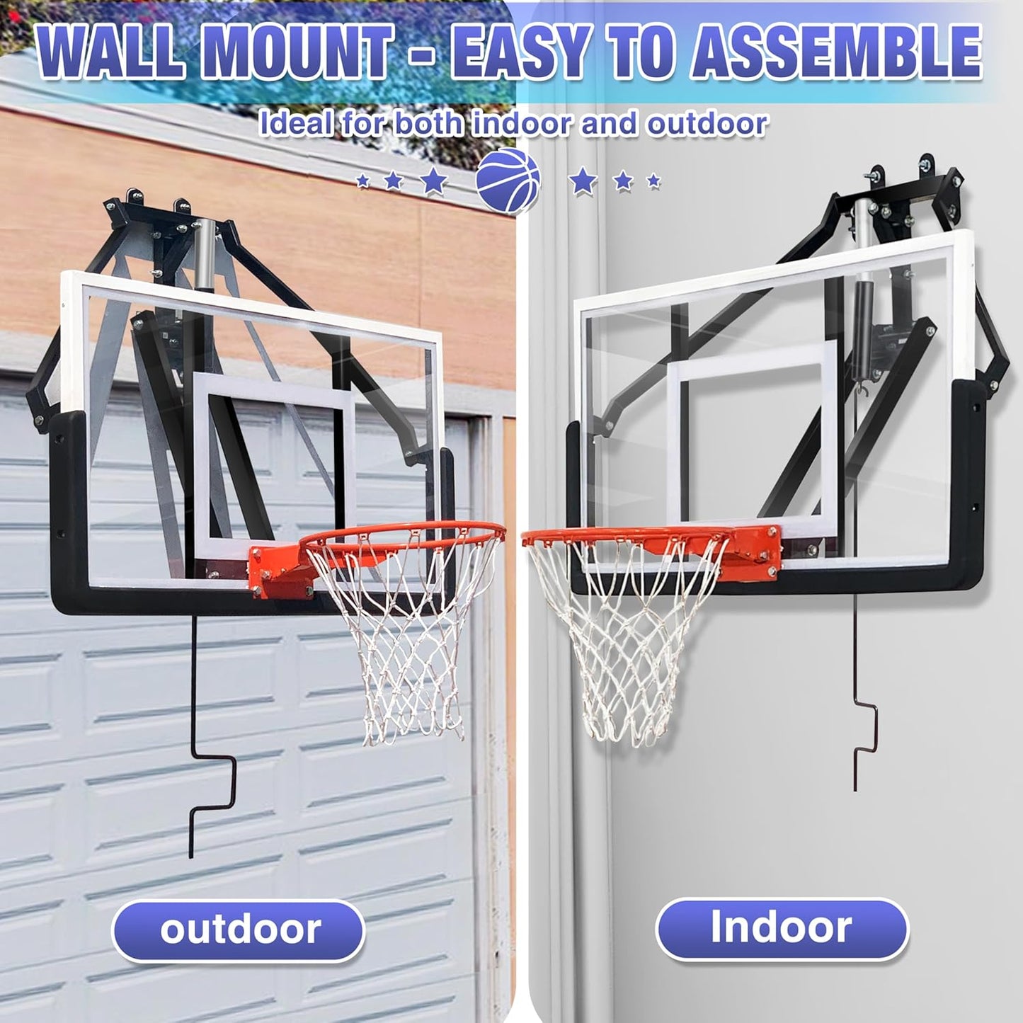 54.5" Wall Mounted Basketball Hoop Adjustable Height Basketball Goal Indoor Outdoor Use Easy Assemble Perfect for Garage Fitness Center Barn School Gym Camp Driveway and More