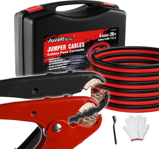 100% Pure Copper Jumper Cables 4 Gauge 20 Feet - Heavy Duty Battery Booster Cable 800 AMP with Carry Bag, Safety Gloves and Iron Brush Included(Copper 4AWG x 20FT)