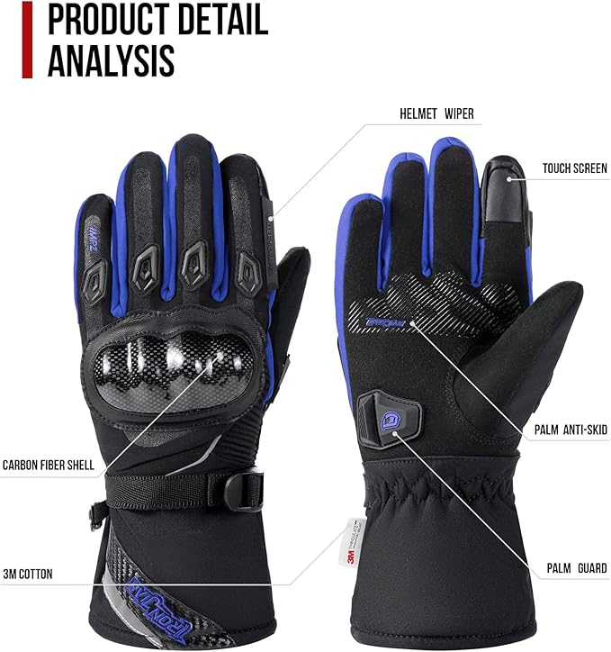BORLENI Winter Motorcycle Gloves for Men, CE Level 1 KP Protection, Touchscreen Windproof Waterproof Warm Riding Gloves with Carbon Fiber Shell for Cold Weather