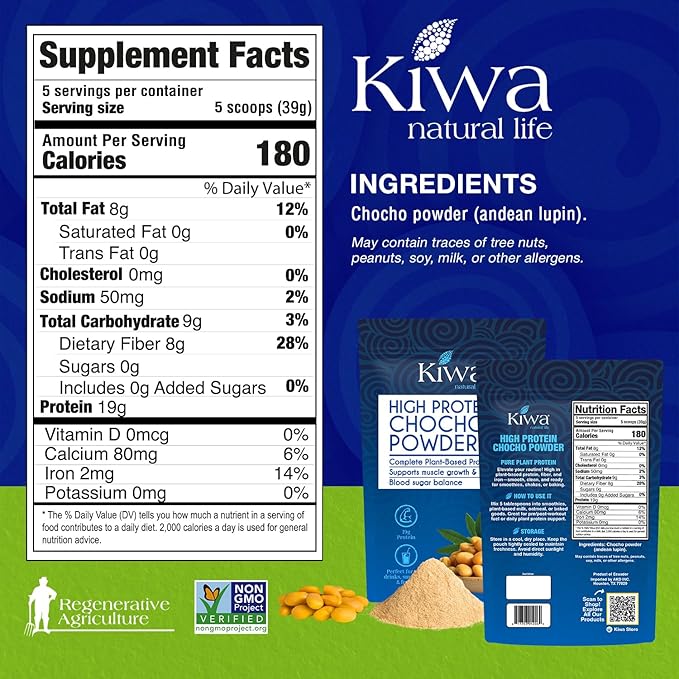 Kiwa Chocho Powder 2-Pack – Complete Plant-Based Protein from Andean Lupin – Supports Muscle Growth, Recovery & Blood Sugar Balance – 7oz Bags