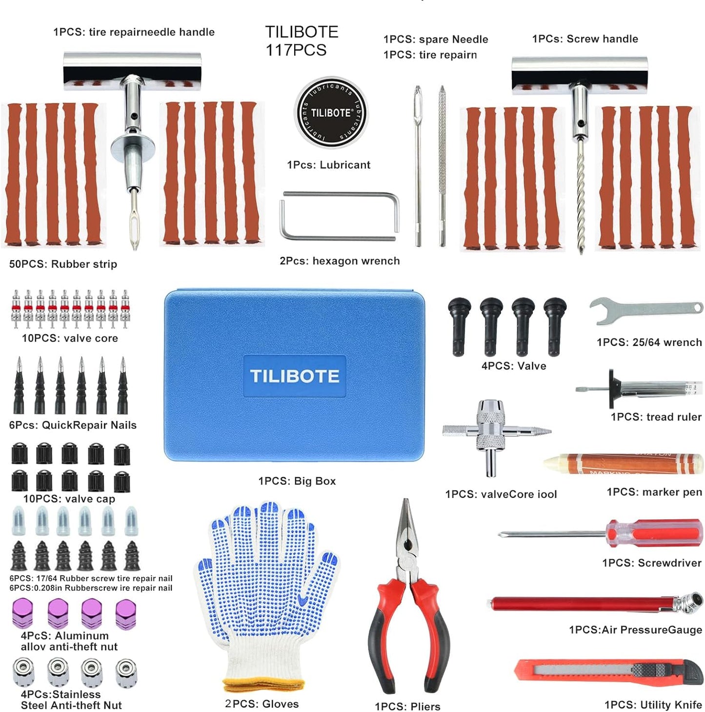 Tire Repair Kit,117pcs Heavy Duty Tire Plug Kit,with Universal Tire Patch Kit to Plug Flats for Car/Motorcycle/Truck/Tractor/Trailer/RV/ATV