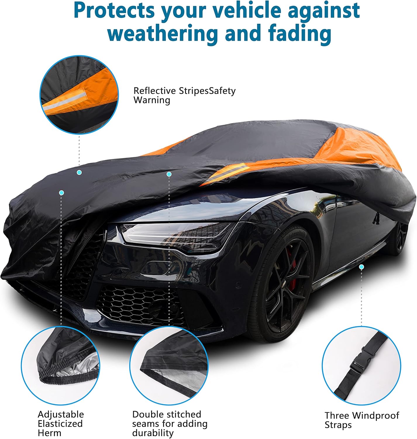 MORNYRAY Waterproof Car Cover All Weather Snowproof UV Protection Windproof Outdoor Full car Cover, Universal Fit for Sedan (Orange, Fit Hatchback Length(Up to 173 inch)