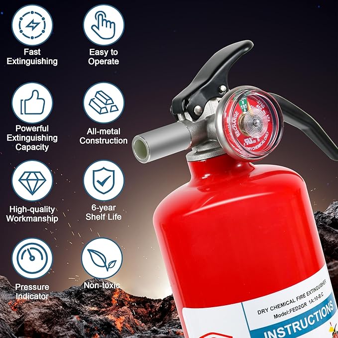 6 Pack ABC Dry Chemical Fire Extinguishers, 2.5 lb 1A:10B:C Rating for Home, Car, Boat, Quick Release Handle, Compact & Portable Dry Powder Extinguisher