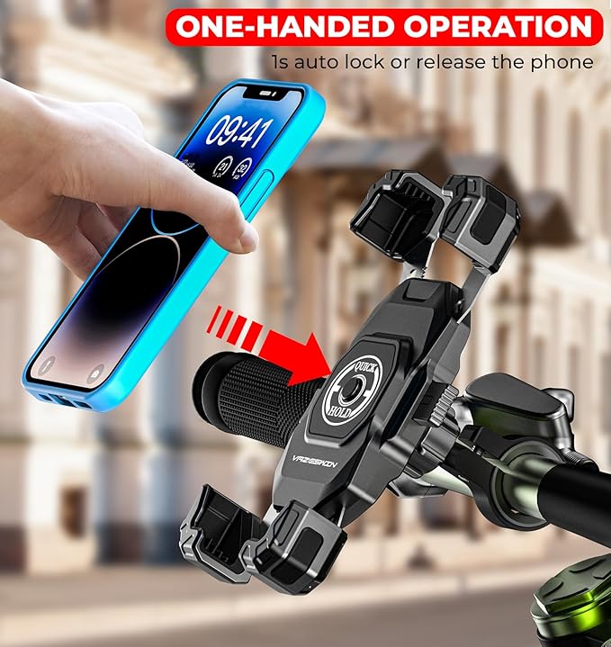 Motorcycle Phone Mount, 1s Lock Bike Phone Holder, One-Handed Operation Motorcycle Cellphone Mount with Aluminum Alloy Handlebar Mounting Base for Bicycle Scooter, Fit 5.4"-7" Smartphone