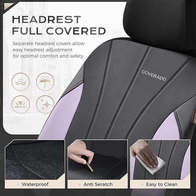 Coverado Car Seat Covers, Waterproof Seat Covers Full Set, Automotive Seat Covers 5 Seats, All-Weather Purple Leather Car Seat Protectors Universal Fit for SUVs Trucks Sedans