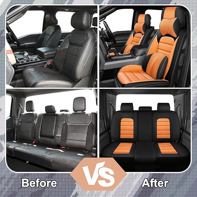 Full Set Car Seat Covers for GMC Sierra 1500/2500/3500 Denali SLT AT4 AT4X Base Seat Covers 2008-2025, Waterproof Premium Nappa Leather Seat Protectors(Luxury 5 Seats/Black&Orange)