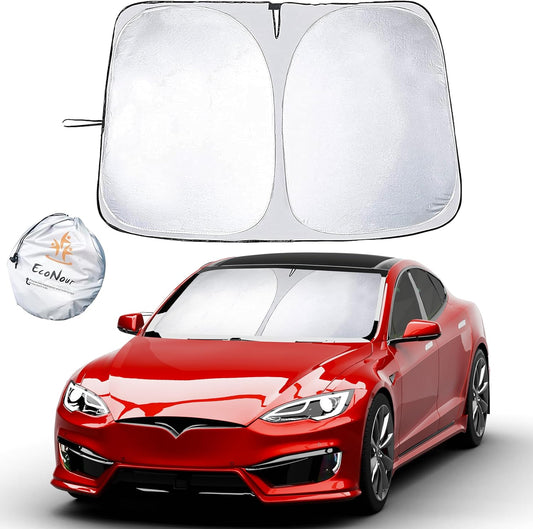 EcoNour Tesla Model S Windshield Sun Shade | Durable 240T Polyester Material Blocks Sun & Heat | Reflective Sun Shield with Storage Pouch | Offers Protection for Car Interior | Tesla Car Accessories