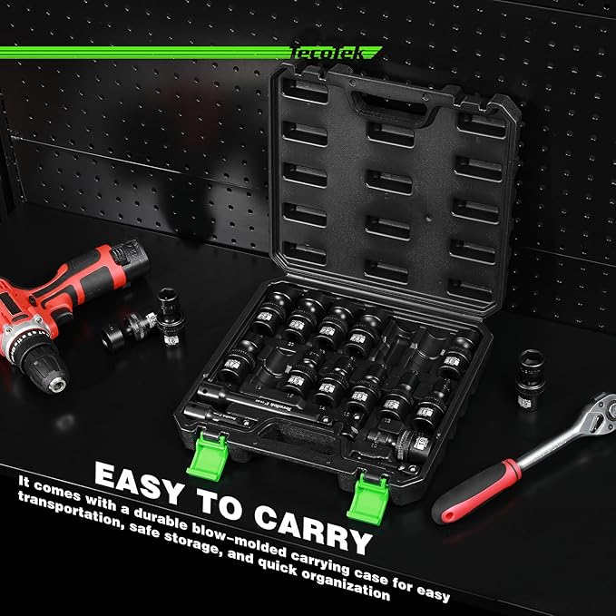 19 PCS 1/2" Drive Shallow Universal Impact Socket Set, Swivel Socket Set, Metric Socket Set with Flexible Wobble, 10-24mm, Cr-Mo Steel, Includes Extension Bars and Adapter