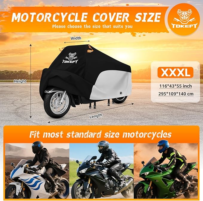 Motorcycle Cover, All-Weather Universal Motorcycle Outdoor Waterproof Cover with Locking Holes & Reflective Strips for 116″ Yamaha Honda Motorbike Accessories(Black&Silver)