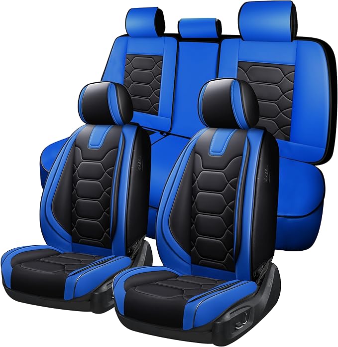 OASIS AUTO Car Seat Covers Full Set Premium Waterproof Faux Leather Cushion Universal Accessories Fit SUV Truck Sedan Automotive Vehicle Auto Interior Protector (OS-004 Black&Blue)